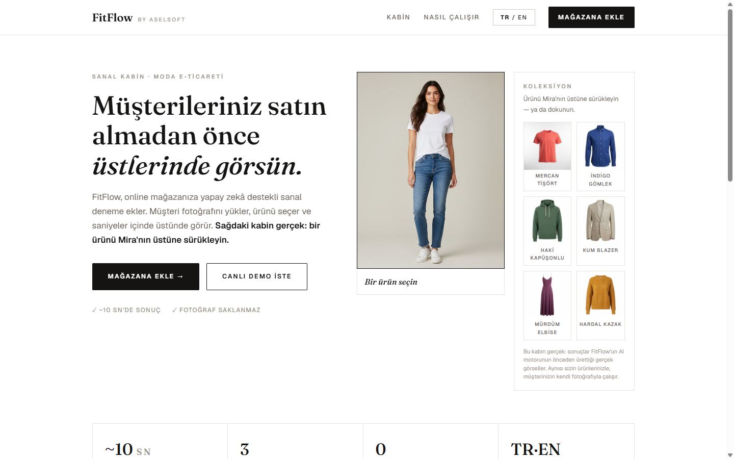 FitFlow arayüzü — sanal kıyafet kabini